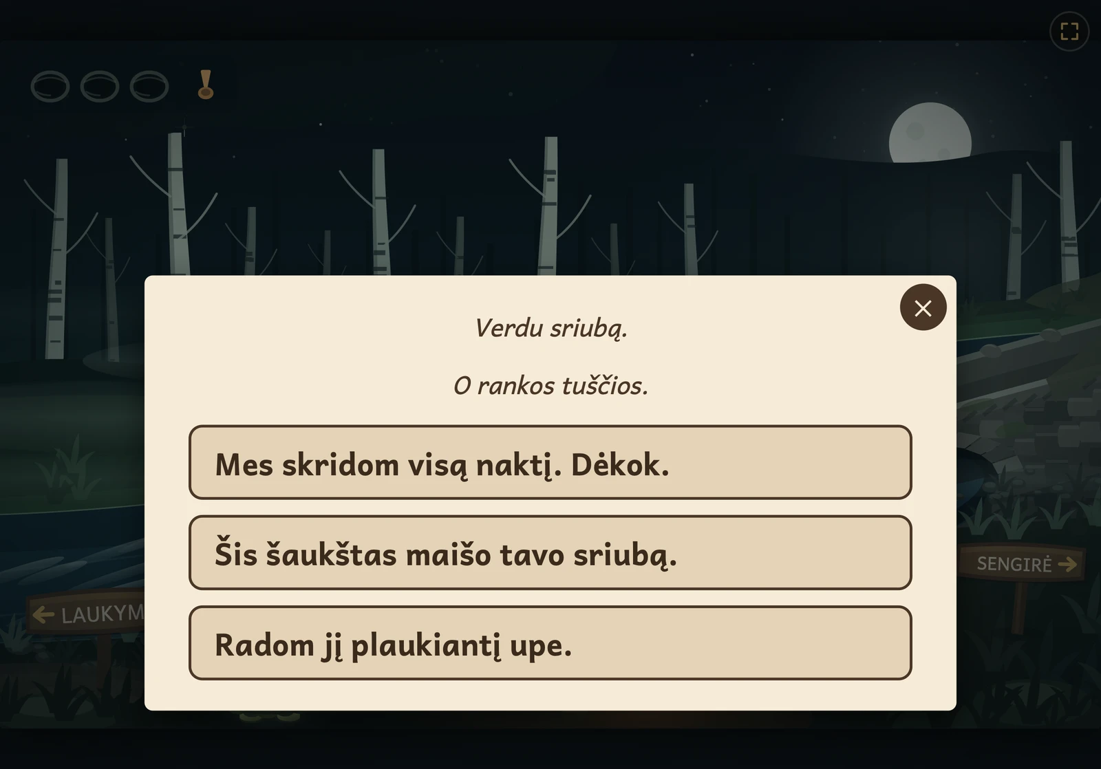 A conversation in Aitvaro naktis: Gurgis speaks above three sentences, one of which the child picks